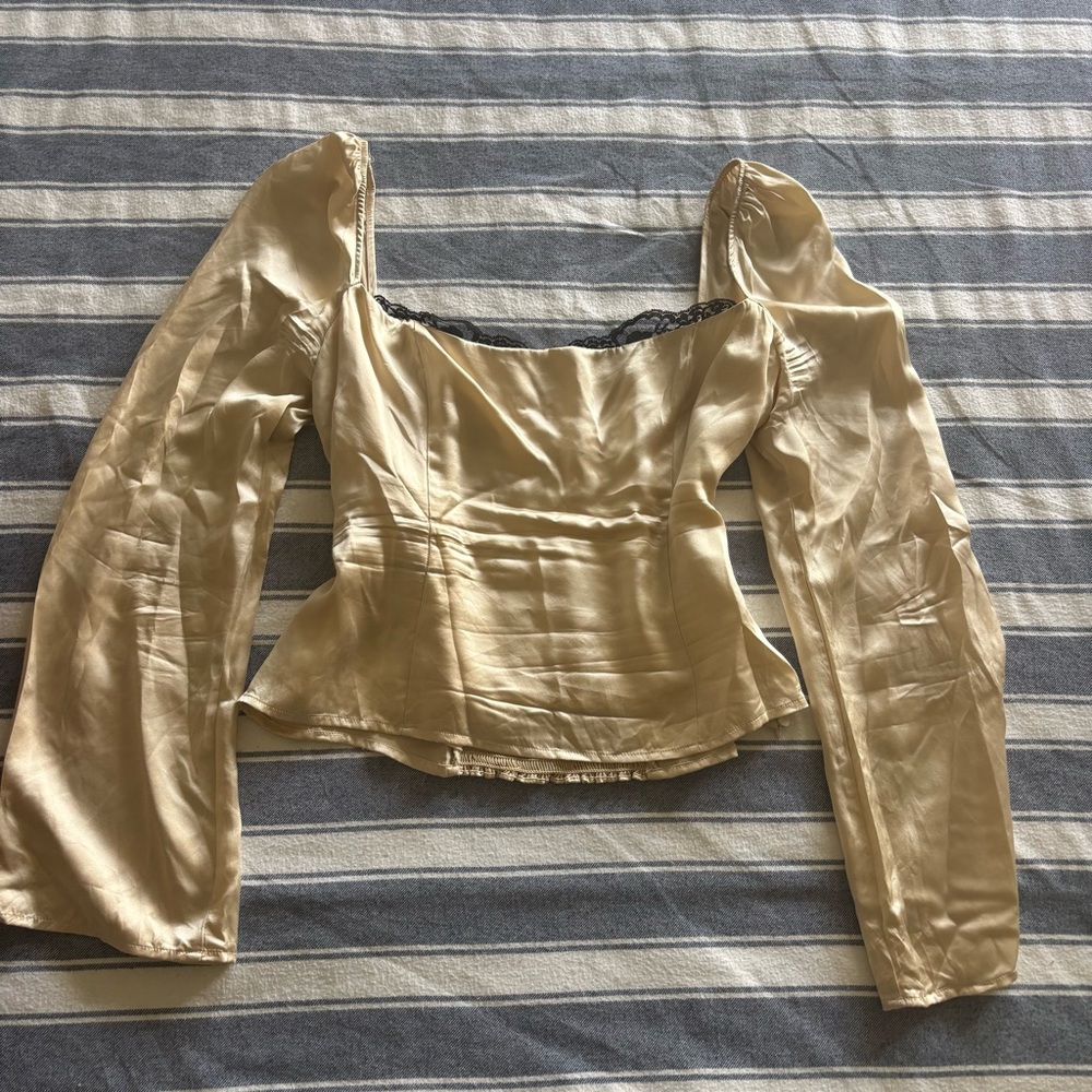 Reformation Cream Satin Long-Sleeve Square Neck Blouse